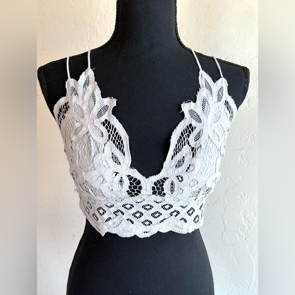 Free People One Gray Lace Smocked Back Feminine Boho Bralette Crop Top  Sz S/M